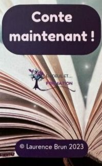 Vue sur l'étui du jeu de cartes, Conte Maintenant représentant un livre ouvert, le logo avec un arbre, le titre Conte Maintenant.